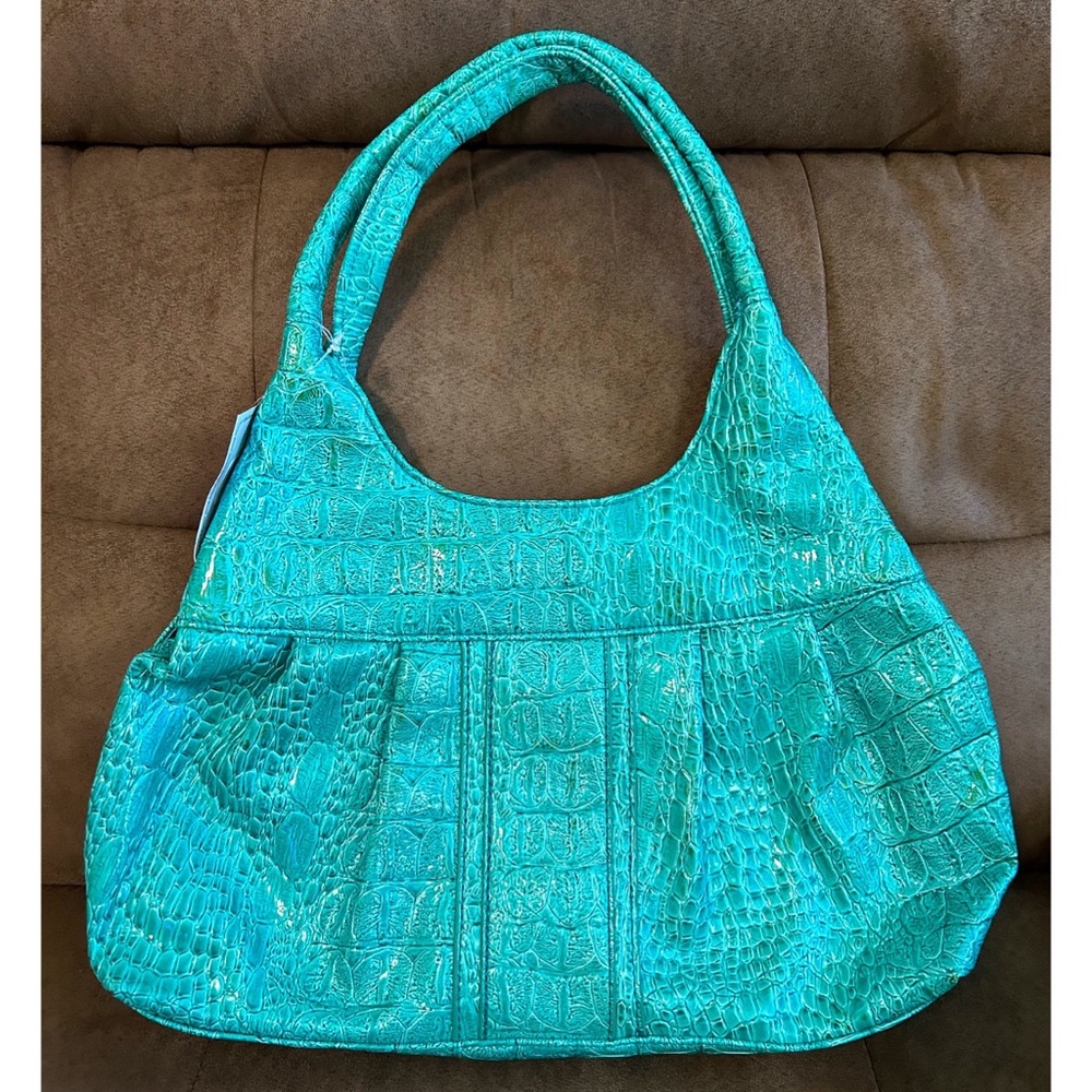 Alfred Dunner Turquoise Colored, Crocodile-Embossed, Hobo Bag